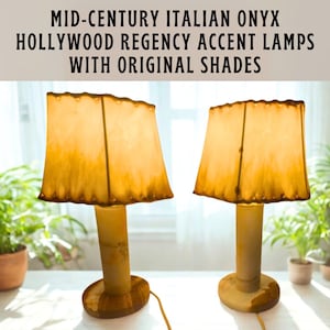 Vintage Italian Alabaster Table Lamps: Mid-Century Hollywood Regency Accent Lighting w/ Shades