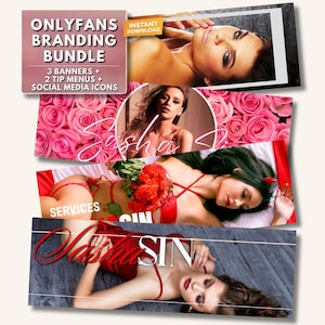 Può includere: Un pacchetto di branding per OnlyFans, con tre banner, due menu di suggerimenti e icone di social media. Il design include immagini di una donna, rose rosa e il testo "Sasha Sin" e "Services".