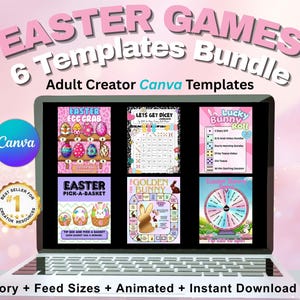 Puede incluir: Una pantalla de portátil muestra un paquete de 6 plantillas de juegos de Pascua. La pantalla muestra seis plantillas de juegos coloridas, incluyendo Easter Egg Crab y Golden Bunny. El fondo es rosa pastel y azul con hierba y huevos de Pascua.