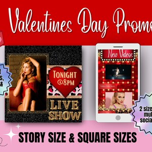 Op de afbeelding: Een promotionele afbeelding voor Valentijnsdag met een vrouw in rode lingerie, een smartphone met video's en de tekst "TONIGHT @8PM LIVE SHOW". Het ontwerp bevat de tekst "STORY SIZE & SQUARE SIZES".