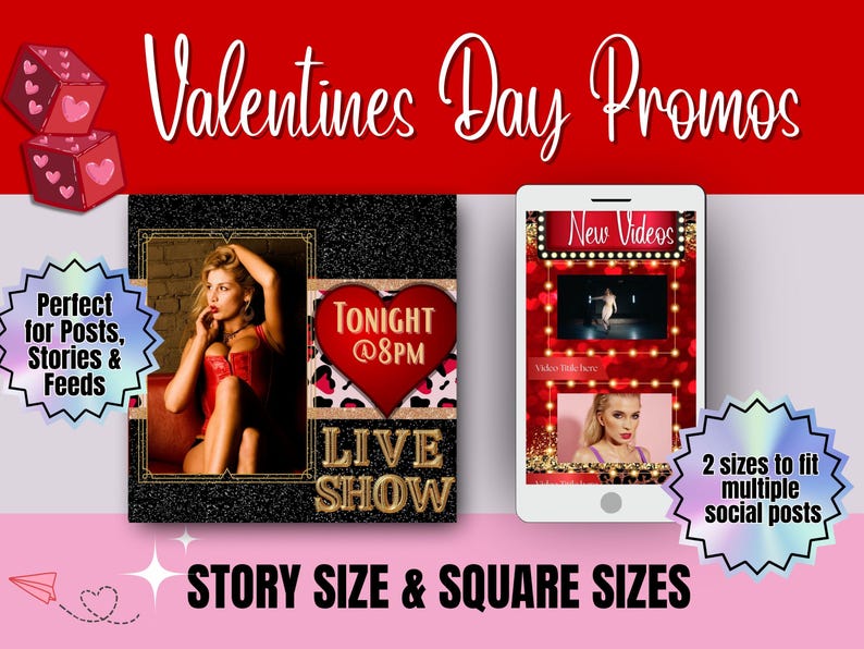 Op de afbeelding: Een promotionele afbeelding voor Valentijnsdag met een vrouw in rode lingerie, een smartphone met video's en de tekst "TONIGHT @8PM LIVE SHOW". Het ontwerp bevat de tekst "STORY SIZE & SQUARE SIZES".