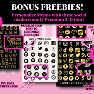 Op de afbeelding: Afbeelding met digitale ontwerpelementen. Bevat een 3D gouden lettertype, social media-iconen en betalingsiconen. De tekst luidt "Bonus Freebies!" en "Personaliseer menu's met deze social media-iconen & Premium 3-D lettertype!"