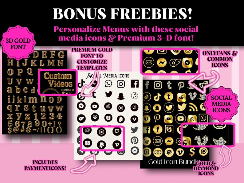 Op de afbeelding: Afbeelding met digitale ontwerpelementen. Bevat een 3D gouden lettertype, social media-iconen en betalingsiconen. De tekst luidt "Bonus Freebies!" en "Personaliseer menu's met deze social media-iconen & Premium 3-D lettertype!"
