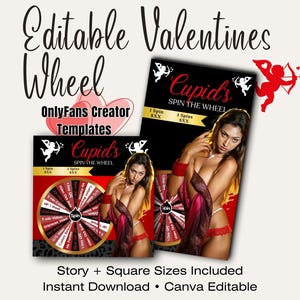 Könnte beinhalten: Digitales Produkt mit Vorlagen für OnlyFans-Ersteller. Enthält ein "Cupid's Spin the Wheel"-Spiel. Das Design verwendet Rot, Schwarz und Gold, mit dem Text "Editable Valentines Wheel". Sofortiger Download und Canva-bearbeitbar.