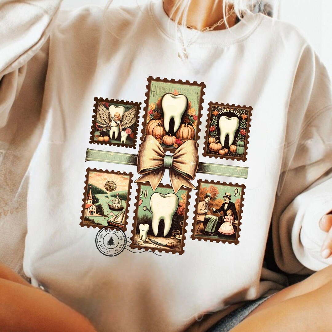 Autumn Dental Vintage Postage Stamp PNG: Retro Tooth Clipart (digital ...