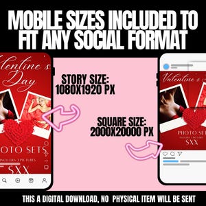 Op de afbeelding: Advertentie voor digitale downloads voor Valentijnsdag fotosets. De afbeelding toont twee smartphones met de fotosets, met een rood hart en de tekst "Valentine's Day". De tekst "MOBILE SIZES INCLUDED TO FIT ANY SOCIAL FORMAT" staat bovenaan.