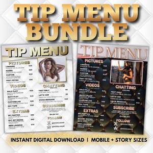 May include: A digital download bundle featuring two "Tip Menu" designs with gold text and images. The menus list various services, including pictures, videos, and chatting options. The background is a white diamond pattern.