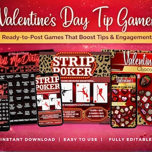 Puede incluir: Imagen promocional para juegos de propinas de San Valentín. La imagen presenta juegos digitales como "Roll Me Dirty" y "Strip Poker" en teléfonos inteligentes, junto con un gráfico de "Chocolates de San Valentín". El diseño incorpora elementos rojos, rosas y de estampado de leopardo.