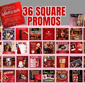 Op de afbeelding: Een verzameling van 36 vierkante promotiegraphics in rood, goud en luipaardprint. De graphics adverteren verschillende volwassen contentdiensten, waaronder video's, liveshows en abonnementen. Tekst bevat "Subscribe", "Sexy Sale" en "New Video".