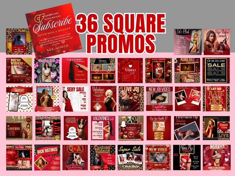 Op de afbeelding: Een verzameling van 36 vierkante promotiegraphics in rood, goud en luipaardprint. De graphics adverteren verschillende volwassen contentdiensten, waaronder video's, liveshows en abonnementen. Tekst bevat "Subscribe", "Sexy Sale" en "New Video".