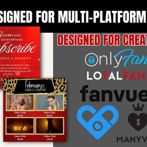 Op de afbeelding: Afbeelding met promotiemateriaal voor OnlyFans en andere platforms. Bevat een rode en gouden "Subscribe"-afbeelding, een "February's Video Lineup"-afbeelding en logo's voor OnlyFans, Fanvue en ManyVids. Tekst luidt "Designed for Multi-Platform Use" en "Designed for Creators."