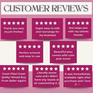 Op de afbeelding: Afbeelding met klantbeoordelingen. Bovenaan staat "CUSTOMER REVIEWS". Roze vakken met witte tekst en sterbeoordelingen. Beoordelingen bevatten "Perfect" en "Geweldige bestanden!" Het thema is feedback.
