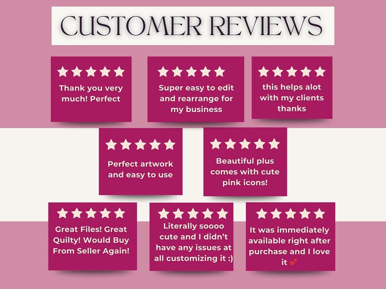 Op de afbeelding: Afbeelding met klantbeoordelingen. Bovenaan staat "CUSTOMER REVIEWS". Roze vakken met witte tekst en sterbeoordelingen. Beoordelingen bevatten "Perfect" en "Geweldige bestanden!" Het thema is feedback.