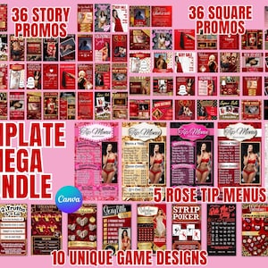 May include: A pink graphic design bundle with 36 story promos, 36 square promos, 5 rose tip menus, and 10 unique game designs. Text includes "Template Mega Bundle" and "Canva".