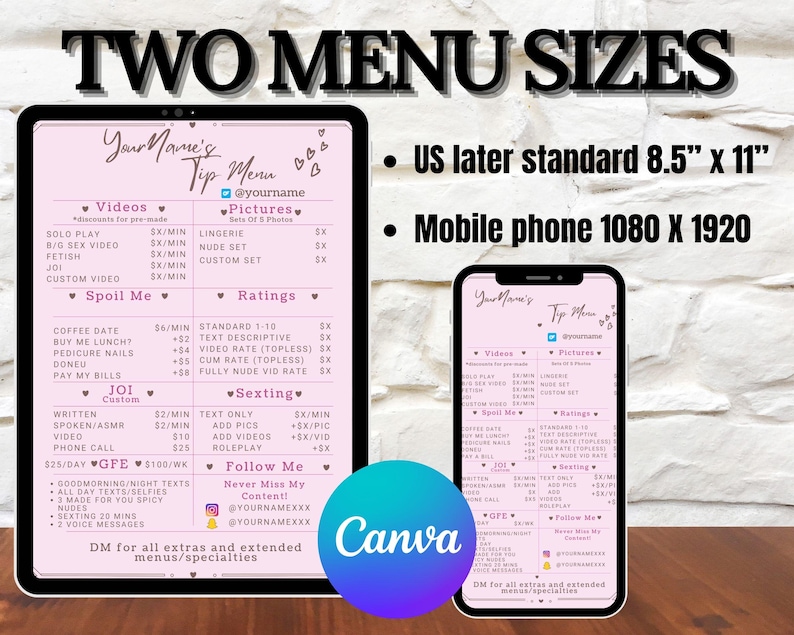 Editable Onlyfans Custom Tip Menu Template: Pink Canva Design (digital ...