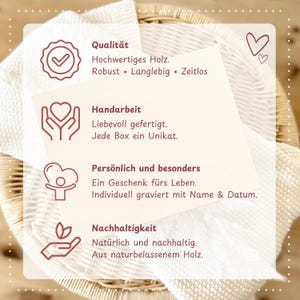 May include: A close-up of a card with text in German, placed on a woven basket. The card features illustrations and text about quality, craftsmanship, personalization, and sustainability. The card is white with a light brown border.