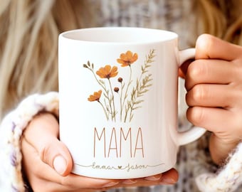 Blumen Mama Tasse mit Kindernamen, personalisierte Keramiktasse, Geschenk Mama Muttertag Geburtstag Weihnachten Schwangerschaft Freundin
