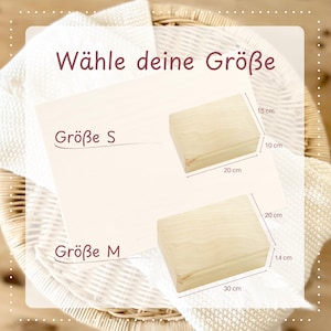 May include: Two unfinished wooden boxes, labeled "Size S" and "Size M", with dimensions shown in centimeters. The smaller box is 20 cm long, 10 cm high, and 15 cm wide. The larger box is 30 cm long, 14 cm high, and 20 cm wide. Text reads "Choose your size".