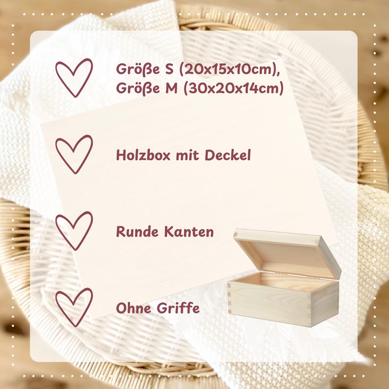 May include: A light-colored wooden box with a hinged lid, featuring rounded edges and no handles. The text on the image indicates two sizes: Small (7.87x5.91x3.94 inches) and Medium (11.81x7.87x5.51 inches).