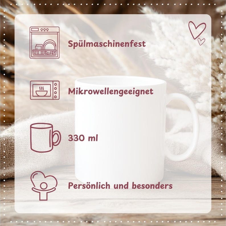 May include: A white ceramic mug with a curved handle. The mug has a capacity of 330 ml. Text on the mug indicates it is dishwasher and microwave safe. The mug is labeled as "personally and special".