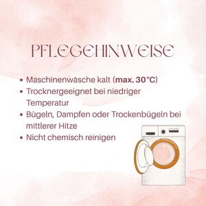 May include: A graphic with the text "PFLEGEHINWEISE" and care instructions. The instructions include machine wash cold (max. 30&deg;C), tumble dry at low temperature, iron, steam, or dry iron at medium heat, and do not dry clean. A washing machine illustration is also present.