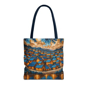 Künstlerische Dorf Einkaufstasche | Bunte AOP Tasche für jeden Anlass | Umweltfreundliche Einkaufstasche, Reisetasche, Strandtasche, Geschenkidee