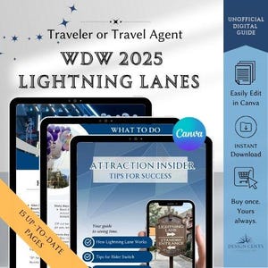 Guía de Lightning Lane para WDW 2025 / Pase único, Pase múltiple, Premier / Los cuatro parques / Guía del viajero o plantilla para agente de viajes