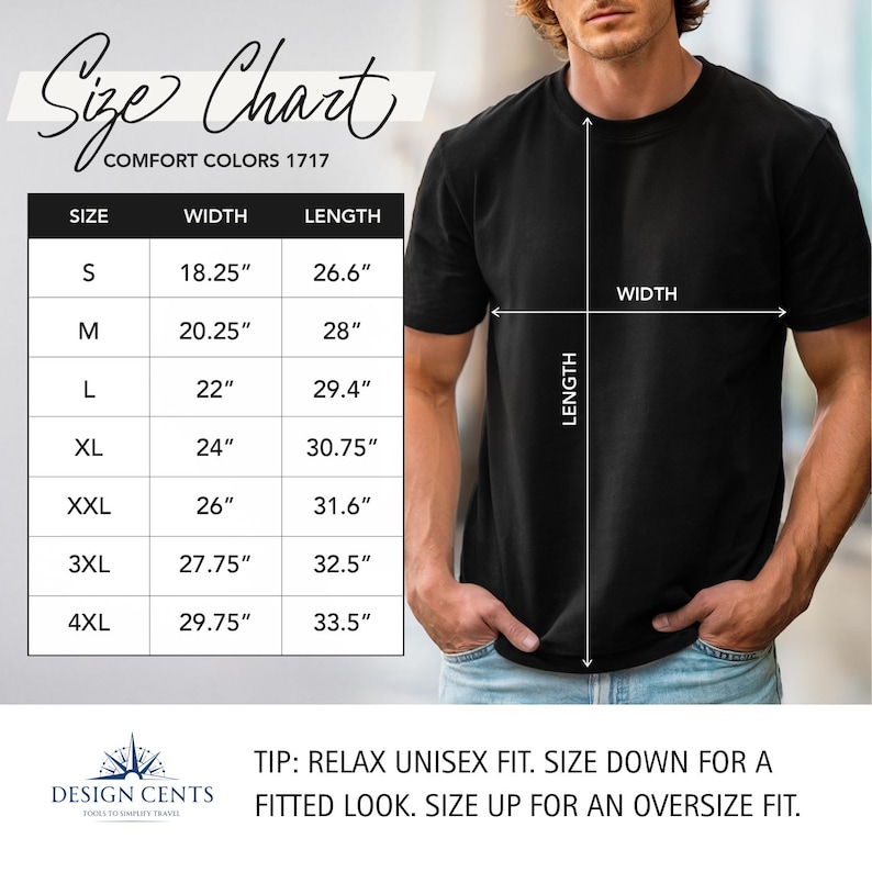 K&ouml;nnte beinhalten: Schwarzes T-Shirt mit Gr&ouml;&szlig;entabelle f&uuml;r Comfort Colors 1717. Die Tabelle listet Gr&ouml;&szlig;en von S bis 4XL auf, mit Breiten von 46,36 cm bis 75,57 cm und L&auml;ngen von 67,56 cm bis 85,09 cm. Der Text empfiehlt eine entspannte Unisex-Passform.