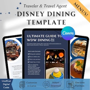 Op de afbeelding: Een digitale sjabloon voor Disney-restaurants, met een gids voor WDW-restaurants met deskundige tips en aanbevelingen. De sjabloon bevat uitleg over het eetplan, instructies voor mobiel bestellen en handige tips. Het Canva-logo is ook aanwezig.