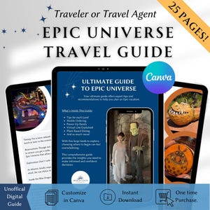 May include: A digital travel guide for Epic Universe, featuring a blue and white design with the text "EPIC UNIVERSE TRAVEL GUIDE." The guide includes tips, mobile ordering, and virtual line information. The guide is available for instant download.