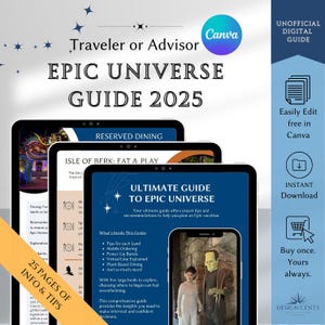 Guia de Viagem Epic Universe | Modelo e Impressão | Download Editável do Canva para Agentes de Viagem e Viajantes