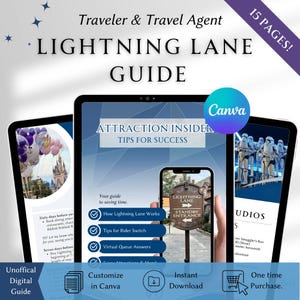 May include: A digital Lightning Lane guide for travelers and travel agents. The guide features tips for success, including how Lightning Lane works, rider switch tips, and virtual queue answers. The guide is customizable in Canva and available for instant download.