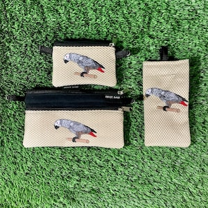 African Grey Parrot Monedero de moneda, Loro 2 bolsa de cremallera, loro gafas, 3 piezas conjunto de regalo, loro gris africano, gris africano, loro