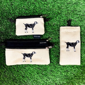 Bolsa de moedas de cabra Nubian, bolsa de 2 zíperes de cabra Nubian, estojo de óculos de cabra Nubian, conjunto de 3 peças, bolsa crossbody de cabra Nubian, cabra Nubian, cabra