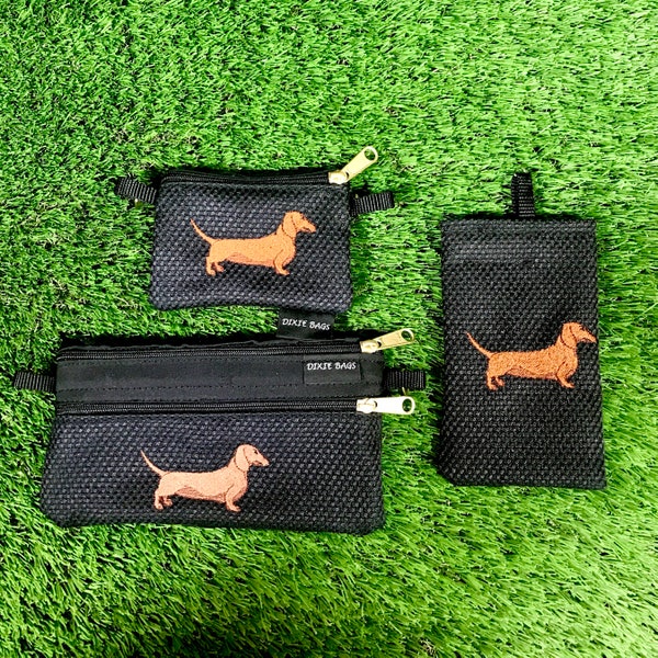 Bolsa de cremallera Dachshund 2 roja, caja de gafas Dachshund roja, monedero rojo dachshund, conjunto de 3 piezas, Dachshund marrón, Dachshund rojo, Dachshund