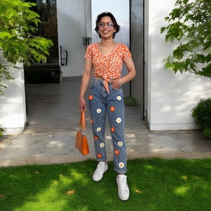 Handmade Floral Embroidery Pants, Casual Chic Pants, Festival Fashion, Mom Jeans, Unique Denim, Stylish Pants, Gift for Her, Floral Jeans