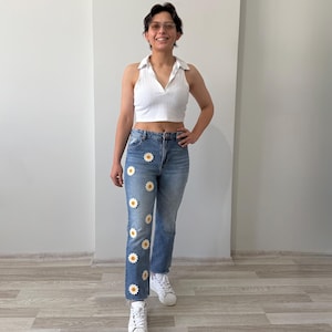 Handmade Blue Denim Jeans with Crochet Daisies, High Waist Straight Leg Pants, Floral Cottagecore Y2K Aesthetic Gift for Women, Hippie Pants