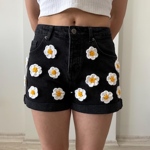Handmade Daisy Patch Black Denim Shorts – Floral Embroidered High-Waist Jean Shorts – Boho Summer Y2K Aesthetic Clothing, Gift for Her