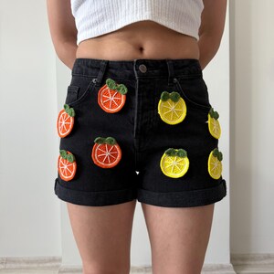 Handmade Black Denim Shorts with Crochet Citrus Fruits – Funky Summer Shorts – Orange & Lemon Embroidered Festival Outfit, Gift for Her