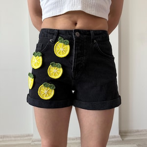Handmade Lemon Patch Black Denim Shorts – High Waisted Crochet Fruit Shorts – Cute Boho Summer Outfit – Citrus Festival Clothing
