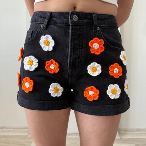 Floral Embroidered Shorts – Handmade Orange & White Flower Jean Shorts – Retro Boho Summer Fashion – Y2K Aesthetic, High Waist Black Denim