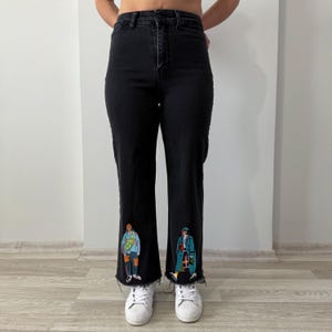 Black Handmade Jeans with Fashion Icon Patches – High Waist Raw Hem Pants – Unique Artistic Streetwear Denim for Trendy Women, Gift for Her
