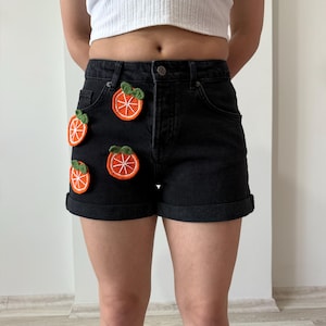 Handmade Black Denim Shorts with Crochet Orange Appliques – Citrus Fruit Summer Shorts – Minimal Funky Festival Outfit, Gift for Her