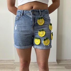 Lemon Patch Denim Shorts – Handmade Citrus Embroidered Jean Shorts – Fun Summer Boho Aesthetic – Y2K Fruit Lover Gift, Handmade Fashion