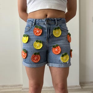 Orange Lemon Patch Denim Shorts – Handmade Citrus Embroidered Jean Shorts – Cute Boho Summer Y2K Aesthetic Clothing, Gift for Her