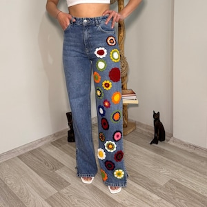 Handmade Floral Embroidery Pants, Vintage Pants, Boho Motifs Pants, Unique Motifs Pants, Colorful Jeans, Casual Chic Jean, Festival Fashion
