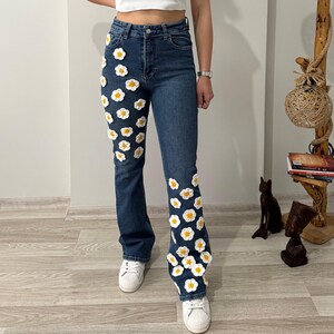 Handmade Floral Jeans, Embroidered Jeans, Unique Gift for Her, Summer Denim, Casual Chic Pants, Crochet Flower Jeans, Festival Outfit