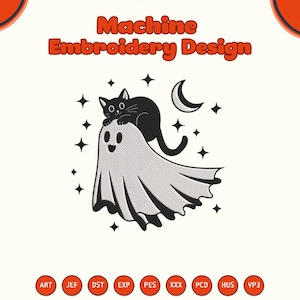 Halloween Ghost with Cat Embroidery Design, Spooky Season Machine Embroidery File, Witchy Embroidery, Fall Gifts Digital Download File