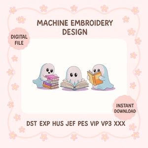Bookish Ghosts Embroidery Design, Book Lover Machine Embroidery File, Bookish Embroidery, Fall Spooky Season Digital Download File
