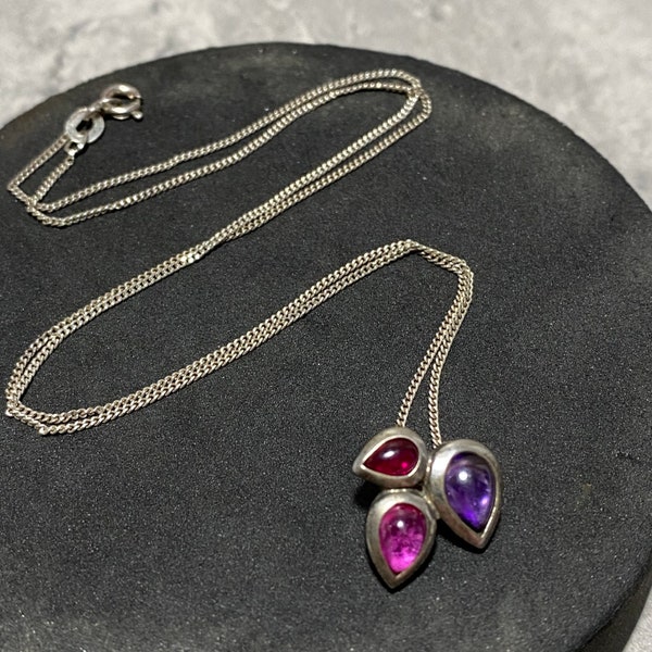 STERLING SILVER Ruby & Amethyst Leaf Cluster Pendant Necklace 925 Chain 45cm 17.75" Pretty Delicate Retro Vintage Layering Gift